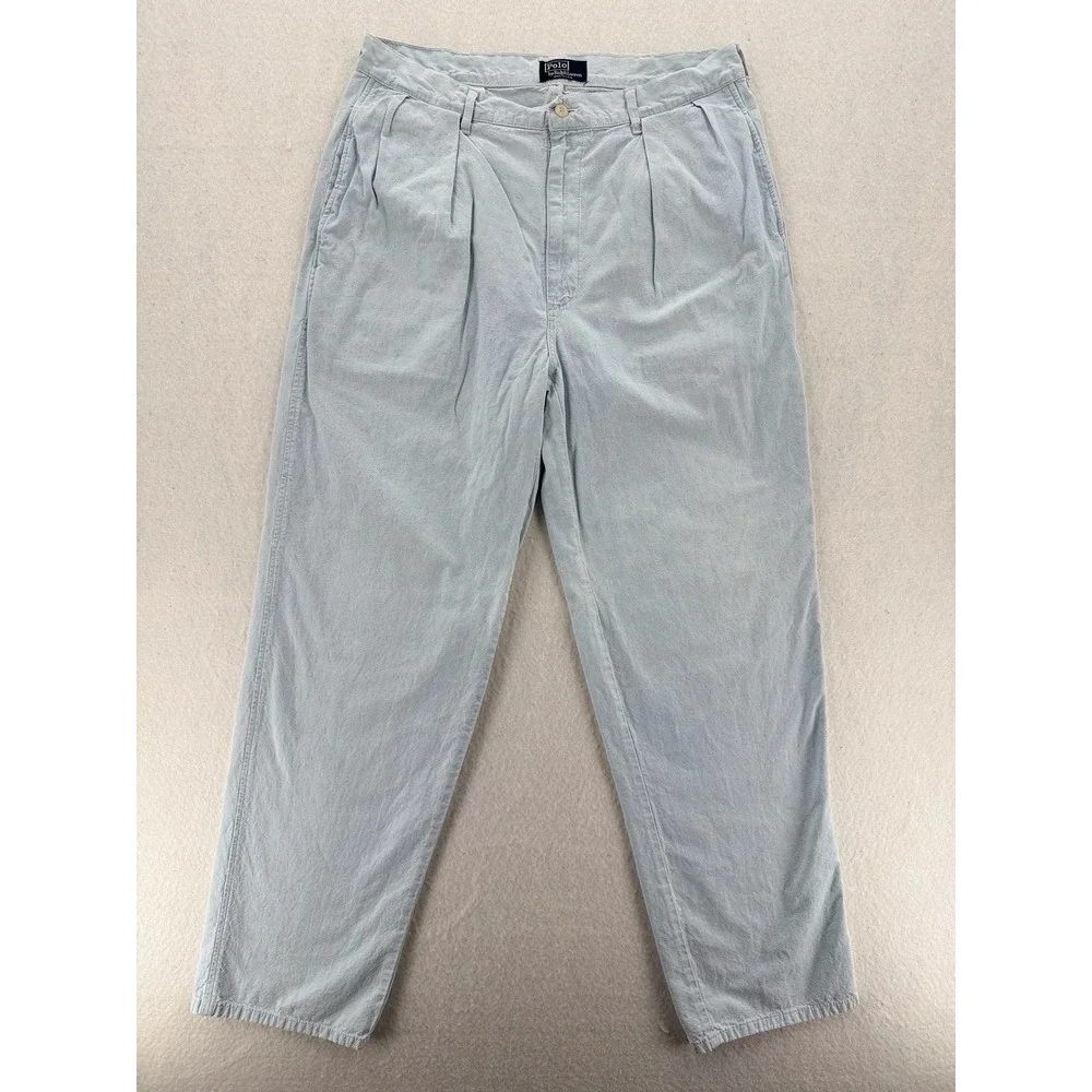 Polo Ralph Lauren - VTG Pleated Cotton Trousers - Light Blue - 34/32 - Mens